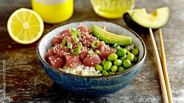 Fototapeta Colorful Hawaiian poke bowl with fresh ahi tuna, avocado, and edamame garnished with sesame seeds and green onions in bright tropical setting