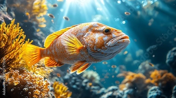 Fototapeta Giant grouper gliding through the coral reef high resolution image