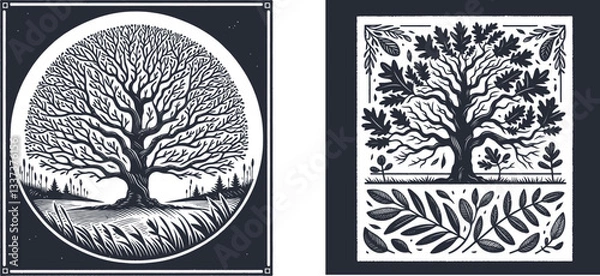 Fototapeta Set of Majestic Oak Tree and Branches Framed Elegantly – A Nature-Inspired Engraving Design oak tree, branches illustration, linocut style, woodcut art, tree branch, clip cover, dark decoration