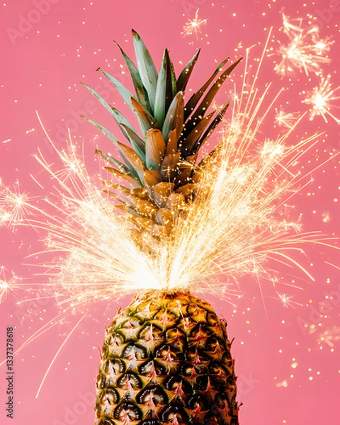 Fototapeta Pineapple with party cake sparkles. Minimal food concept.