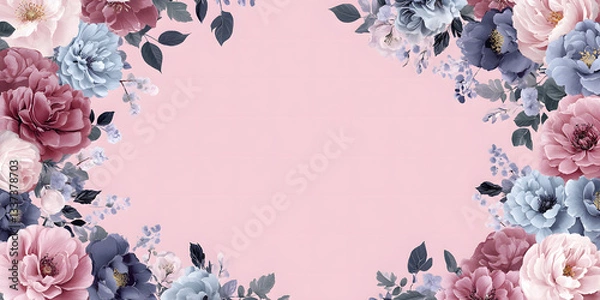 Fototapeta Flowers composition. Creative layout made of pink and blue flowers and paint brush on pastel pink background. Flat lay, top view, copy space.