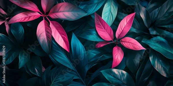 Fototapeta Creative fluorescent color layout made of tropical leaves. Flat lay neon colors. Nature concept.