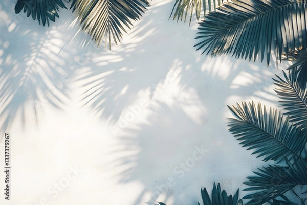 Fototapeta Tropical bright background with exotic painted tropical palm leaves. Minimal fashion summer concept. Flat lay.