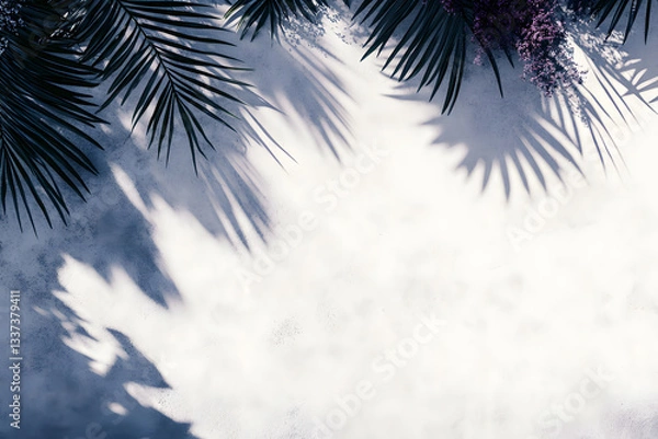 Fototapeta Tropical bright background with exotic painted tropical palm leaves creating shadow. Minimal fashion summer concept. Flat lay.