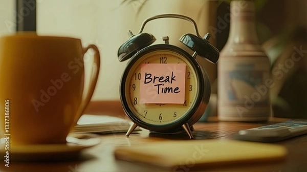 Fototapeta "Break Time" Sticky Note Reminder with Classic Alarm Clock Healthy Routine