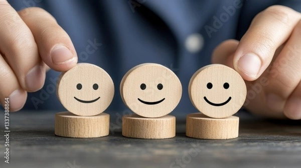 Fototapeta A person adjusts wooden tokens with smiling faces, symbolizing positivity and feedback, This image can be used for themes of happiness, customer satisfaction