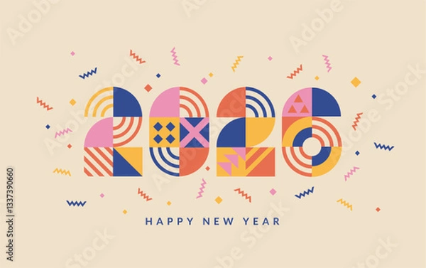 Fototapeta 2026 New Year banner with numbers from simple geometric shapes and figures inside confetti. Template for greeting card, invitation, poster, flyer, web. Vector illustration isolated on background.