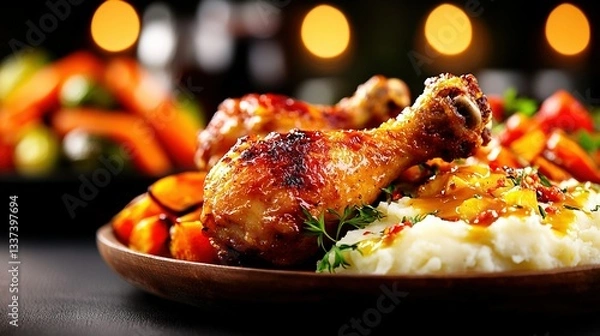 Obraz  A plate of chicken and mashed potatoes is shown in a close-up photo set on a table under bright background lighting