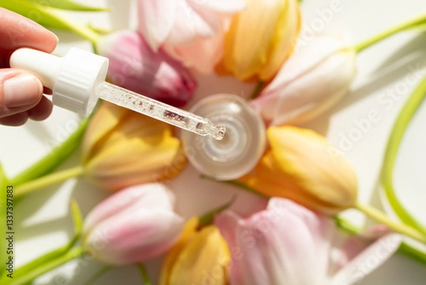 Fototapeta Closeup of dropper with serum surrounded by tulips. Concept of spring skincare.