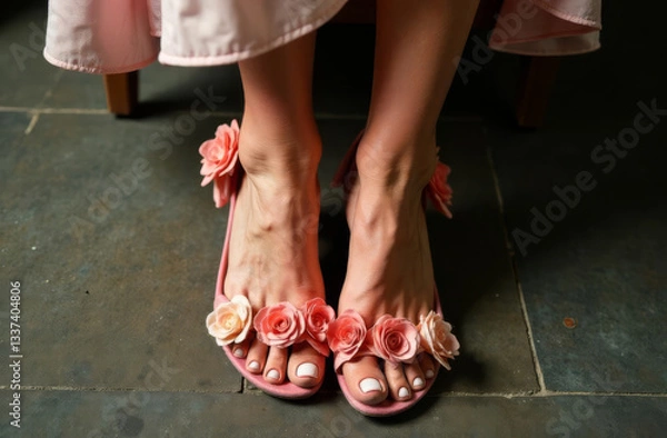 Obraz Women's shoes made of flowers. Floral sandals on women's feet. Woman's feet in spring shoes, top view.