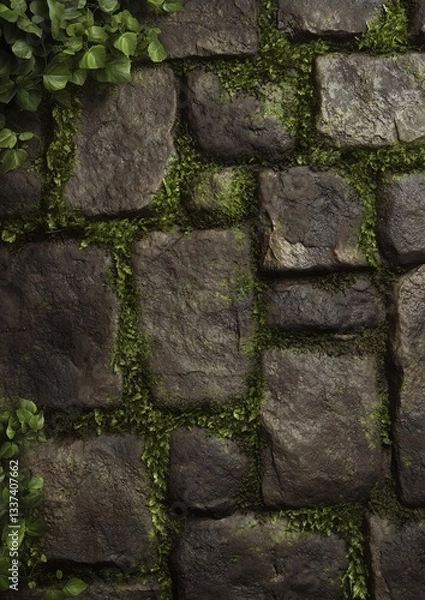 Fototapeta Weathered Cobblestone Wall with Dense Moss and Rich Textures, Organic Growth Patterns, Moist and Rustic Feel, Hyper-Realistic Detail