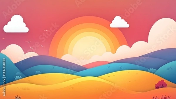 Fototapeta Landscape background with mountains, hills and sunset. Vector illustration.