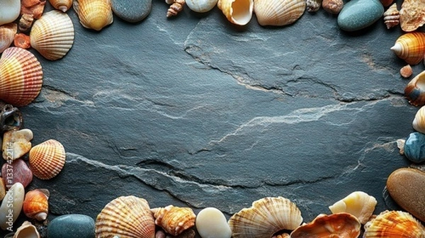 Fototapeta Seashells and stones border on dark slate
