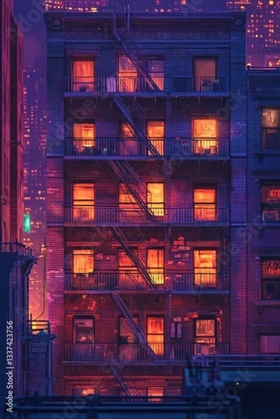 Fototapeta Stunning High-Resolution Night Image of a New York City Apartment Building with Fire Escapes and Neon Lights, Capturing the Dynamic Urban Atmosphere and Distant Skyscrapers in a Moody Scene