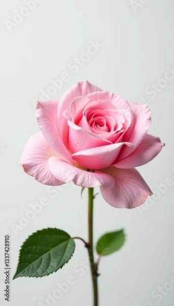 Fototapeta Delicate pink rose blossom, pristine white backdrop, summer, petals
