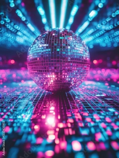 Fototapeta Mirror disco ball with neon laser lights	