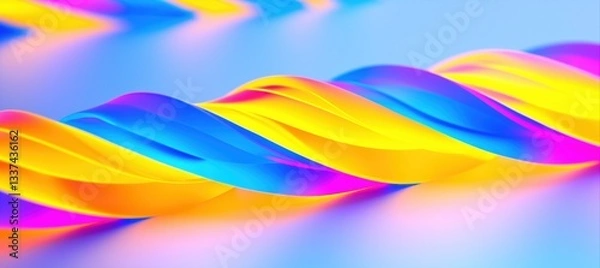 Fototapeta Abstract design of braided neon fiber cables in vibrant yellow, blue, and pink hues, set against a soft gradient background. Futuristic technology and digital art concept.