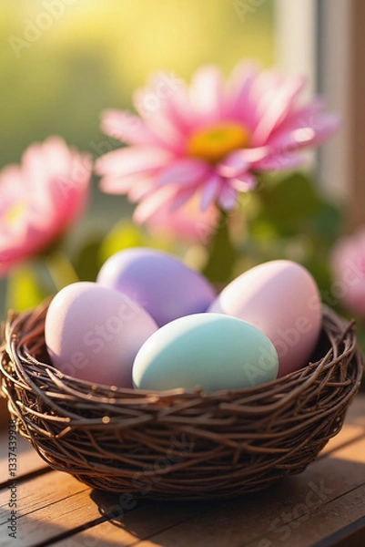 Fototapeta Easter eggs in a nest surrounded by flowers