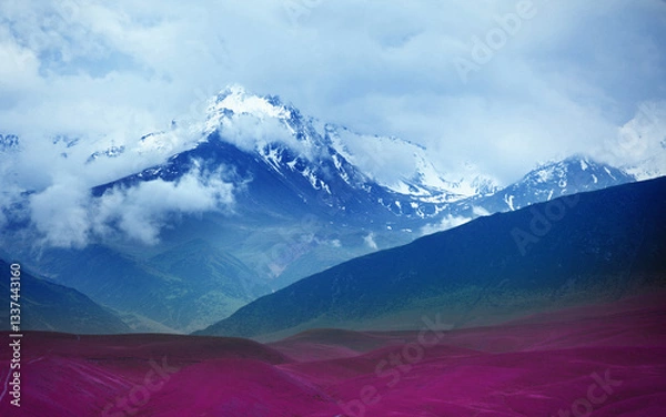 Fototapeta Surreal red and blue landscape with hills and mountains
