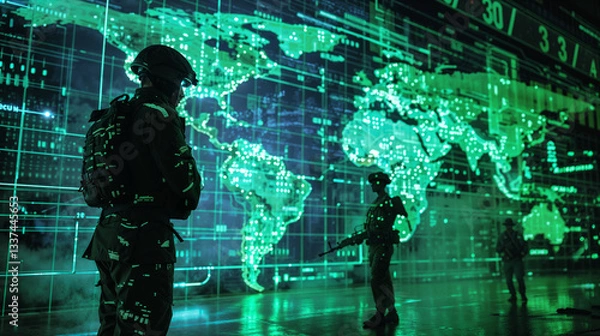 Obraz Tactical operators observing green digital world map projection in strategic command post. High-tech military intelligence facility with personnel analyzing global data visualization interface
