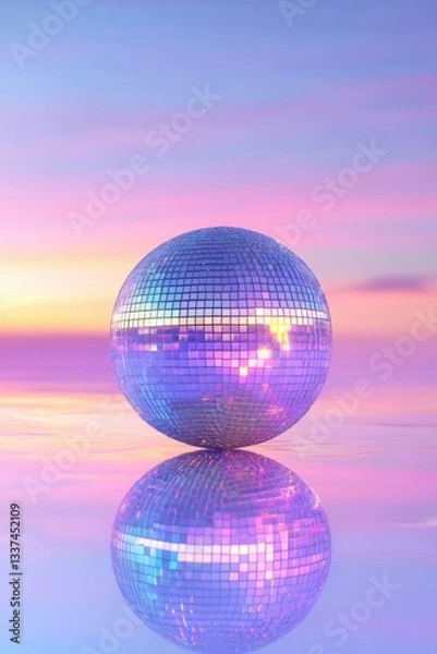 Fototapeta Disco ball reflecting sunset sky on surface