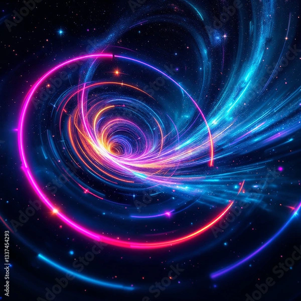 Fototapeta  Dynamic and colorful spiral galaxy with glowing neon lights, ideal for futuristic, space, and abstract art projects.