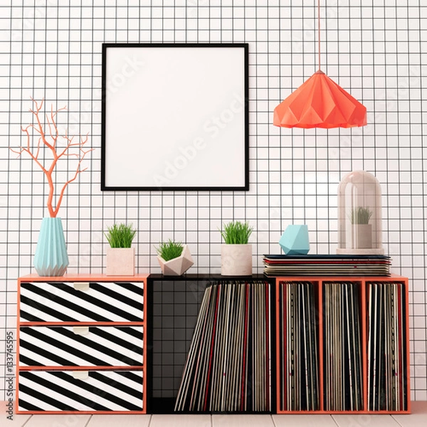 Fototapeta Mock up poster in the interior in the style of Memphis. 3d illustration. 3d render