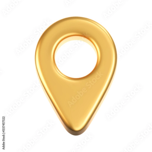 Fototapeta 3D gold location pointer icon isolated on a white background. A render of a realistic golden direction sign and location map pin. Navigation GPS sign. 3D cartoon vector icon