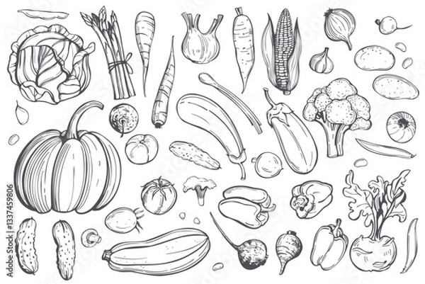Obraz Hand-drawn vegetables on white background. Vector sketch illustration.