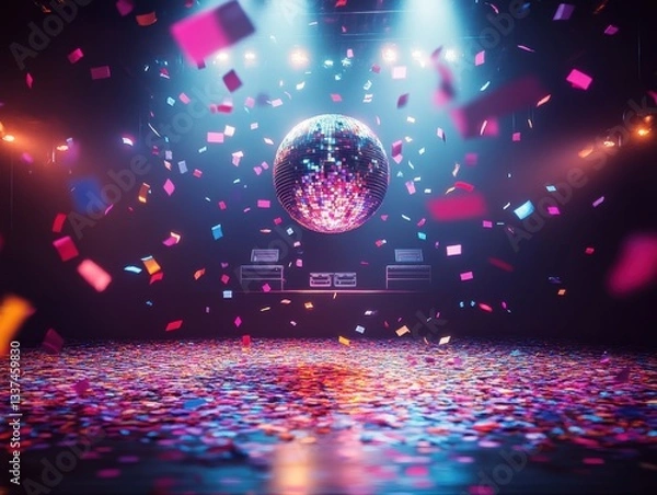 Obraz Confetti falling under disco lights on stage