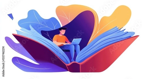 Fototapeta Creative Writer Immersed in Thought While Crafting Content on a Laptop Amidst Open Book Imagery