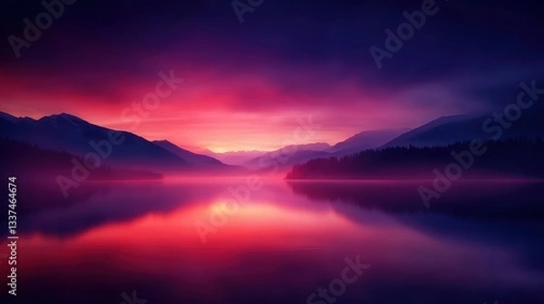 Fototapeta A serene landscape features a calm lake at dusk, reflecting vibrant purple and pink hues, framed by mountains and forest, Perfect for calming backgrounds, nature projects, or travel marketing,