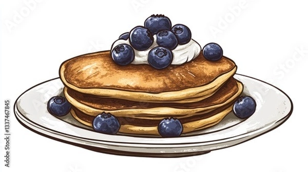 Obraz Delicious whole wheat pancakes with fresh blueberries and whipped cream illustration