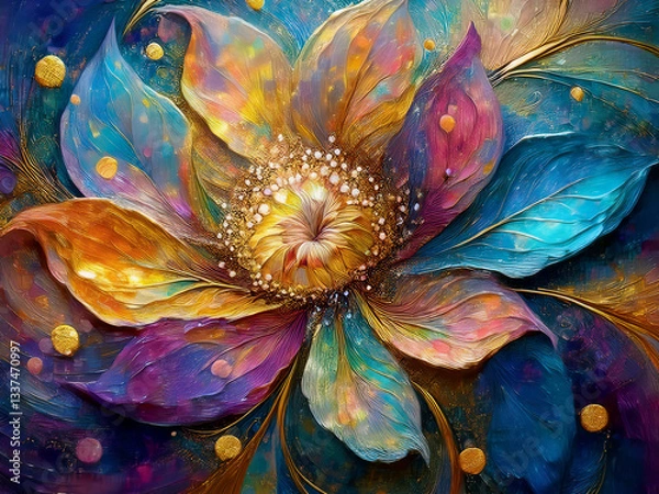 Fototapeta spring flowers abstract art resembling a swirling galaxy with a central core of golden light