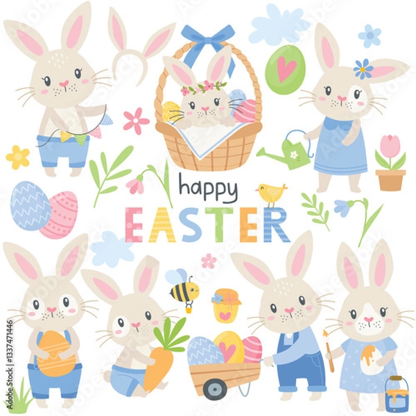 Fototapeta Easter Bunny, Vintage Easter Rabbit, Blue, Classic