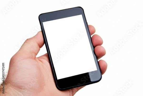 Fototapeta Close up of a Mans Hand Holding a Smartphone With a Blank Screen for Marketing Ideas