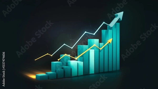 Fototapeta 3D teal bar graph with upward trending arrows, showcasing growth, progress, and success in business, finance or marketing concepts