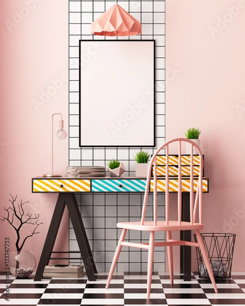 Fototapeta Mock up poster in the interior in the style of Memphis. 3d illustration. 3d render