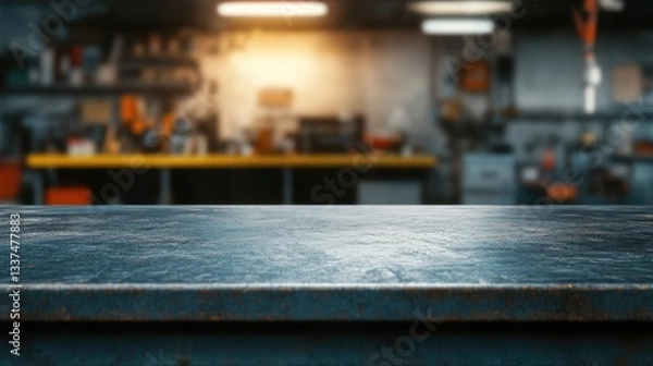 Fototapeta A clean, textured metal workbench in a well-lit workshop with tools and equipment in the background