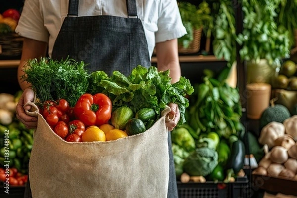Fototapeta Greengrocer holding reusable shopping bag full of fresh vegetables and fruits