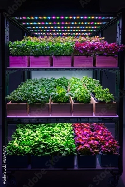 Fototapeta Vertical farm illuminated with LED lights growing vegetables