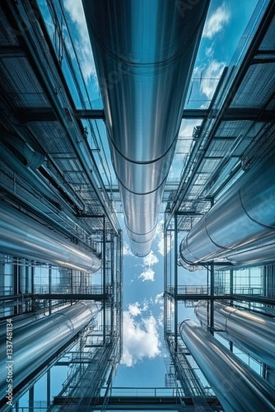 Fototapeta Carbon capture and storage facility with pipes reaching for the sky