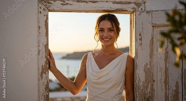 Obraz Happy Mediterranean bride standing in a rustic doorway with the sea in the background at sunset