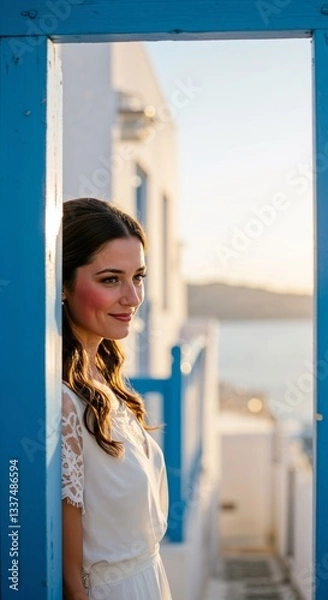 Obraz Beautiful Mediterranean bride leaning against a blue door with sunset light and white houses in the background