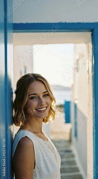 Obraz Smiling Mediterranean bride leaning against a blue doorway with warm sunset light in a seaside village