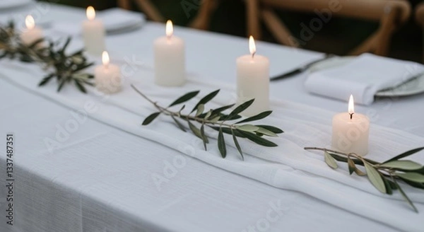Obraz Elegant Mediterranean wedding table setting with white candles and olive branches on a white tablecloth