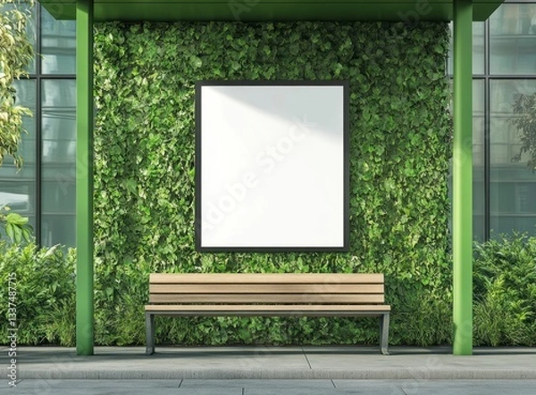 Fototapeta Blank Advertisement Display at Green Bus Stop with Bench and Plants