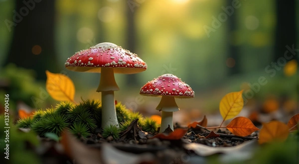 Fototapeta Two vibrant red and white mushrooms in a forest setting during autumn. Close-up macro photography.