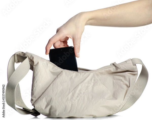 Obraz Hand puts phone in beige bag on white background isolated