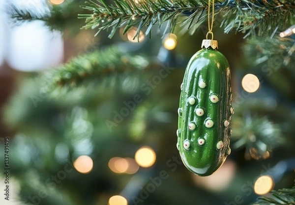 Obraz Decorative green pickle ornament hanging on a Christmas tree surrounded by warm lights and vibrant holiday foliage creating a festive atmosphere in winter